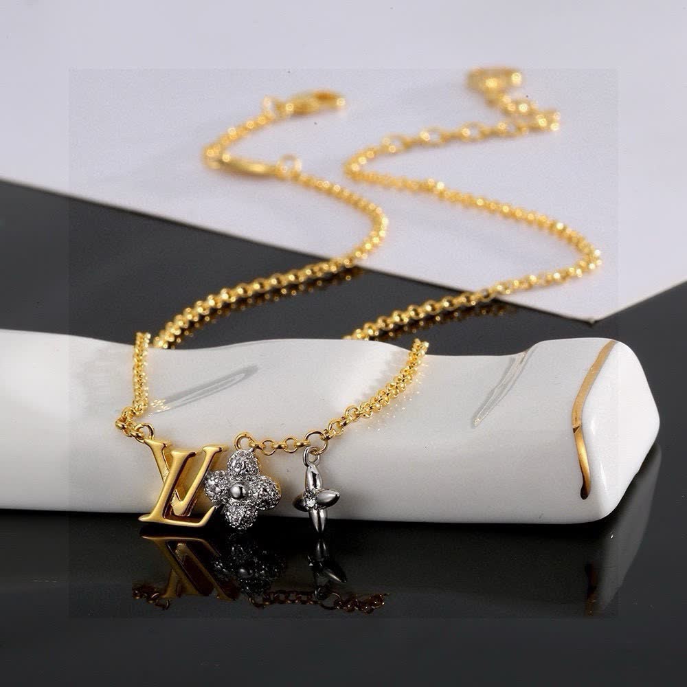 Louis Vuitton Gold Chain Necklace with 'LV' and Flower Design